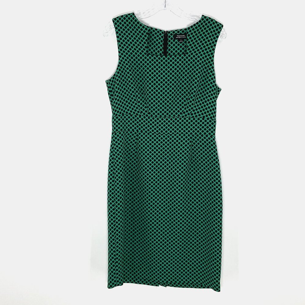 Tahari Dress Women 8 Green Blue‎ Polka Dot Sleeveless Lined Zip Square Neckline